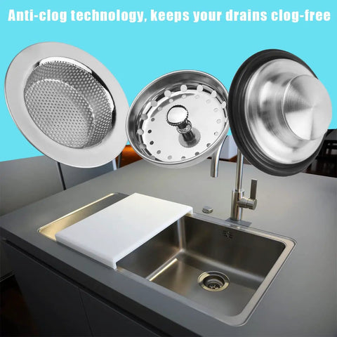 Universal Three In One Kitchen Sink Stopper Strainer Set With Stainless Steel Basket Drain Filter Perforated Sieve shown on sink