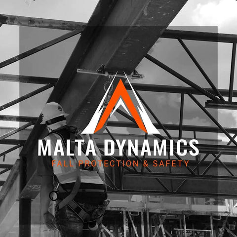 Construction worker with harness on steel framework promoting Malta Dynamics fall protection and safety.