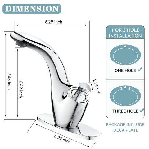 Leaf Type Chrome Bathroom Faucet With Modern Single Handle, dimensions shown, includes pop up drain, deck plate, supply lines.