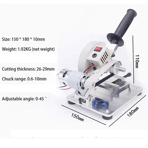 Heavy Duty Electric Mini Miter Saw With 45 Degree Adjustable Cutting Head And Integrated Chainsaw Feature For Smooth Ride DIY Woodworking and hobby crafting projects, compact size and specifications.