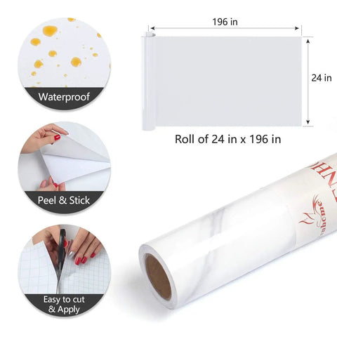 White Marble Peel And Stick Contact Paper 24 Inch Wide By 200 Inch Long Waterproof Vinyl Wrap showing roll dimensions and features