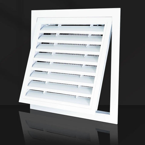 Universal Aluminum Access Panel With Smooth Shutter Vent For Drywall Or Ceiling Mount Featuring Nifty Pull Switch Operation, angled view showing mesh screen cover and heavy duty design.