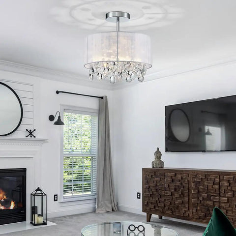 Dope Modern Crystal Chandelier Ceiling Light Fixture With White Fabric Shade And Chrome Finish, 13 Inch Diameter By 14 Inch Tall, E26 Socket