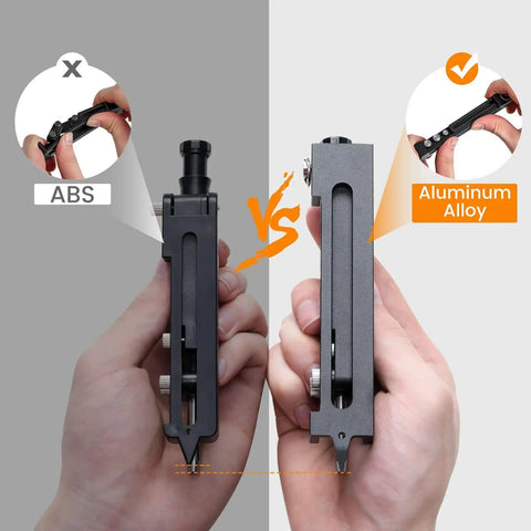 Comparison of Heavy Duty Aluminum Scribing Tool With Upgraded Lock Mechanism and ABS model, showing material differences.