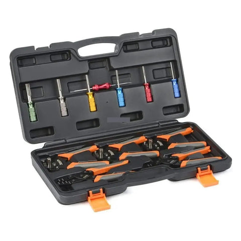 Get That Heavy Duty Crimping Tool Kit For Your Auto Repair Gig With Professional Multitask Terminals And Weather Pack Removal Gear That Makes Wiring Jobs Super Dope And Effortless Every Single Time. carbon steel crimping kit in case