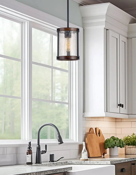 9 Inch Rustic Farmhouse Pendant Light With Crackle Glass Shade And Walnut Wood Finish Hand Painted Metal Frame Black Hardware