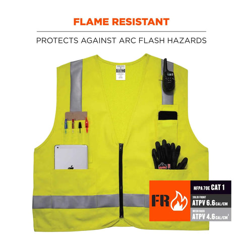 GloWear 8262FRZ flame resistant hi-vis safety vest with reflective strips, solid front and mesh back, lime green, visible pockets