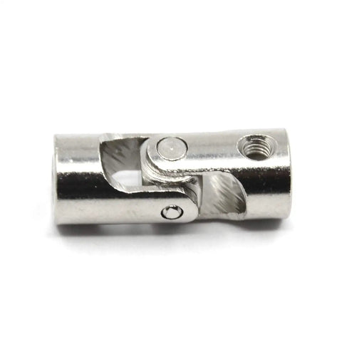 Close-up of a 3mm to 3mm universal joint shaft coupling with screws, 45 steel, electroplated, wear-resistant for DIY robotics.
