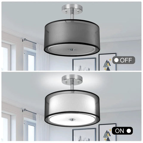 Three Light Modern Semi Flush Mount Ceiling Light With Drum Shade And Double Fabric Shade Brushed Chrome Finish Close To Ceiling Fixture For Living Room Dining Room Bedroom Hallway Entry Foyer, lights on and off view