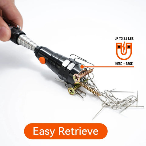 Magnetic Pickup Tool With Telescoping Flashlight And Extendable Magnet Stick lifting screws and nails on white background.