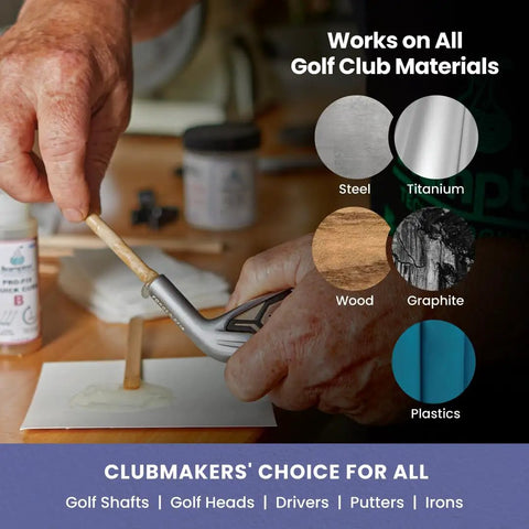 Person applying Straight Up Solid Rapid Cure Golf Club Epoxy Quick Fix Glue for golf club materials like steel and wood.
