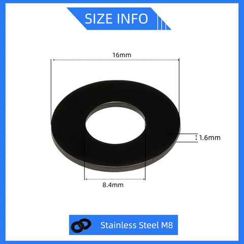 Beefy M8 Flat Fender Washers 16mm Outer Diameter 8mm Inner Diameter 1.5mm Thick Black Zinc Plated Steel Set Of 100 Size Info