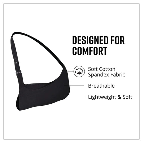 Super Comfy Adjustable Arm Sling For Shoulder Elbow Support With Soft Lightweight Fabric Easy Hook Loop Closure in black cotton spandex.