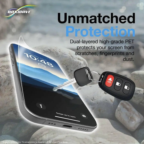 Phone with Bombproof ClearTouch ImpactShield, key protection demo, showing scratch-resistant flexible film on display.