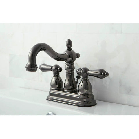 4 Inch Centerset Lavatory Faucet With Brass Pop Up Drain In Black Stainless Steel Deck Mount 3 Hole Installation