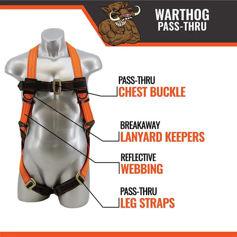 Warthog Pass-Thru harness with chest buckle, breakaway lanyard keepers, and reflective webbing for safety.