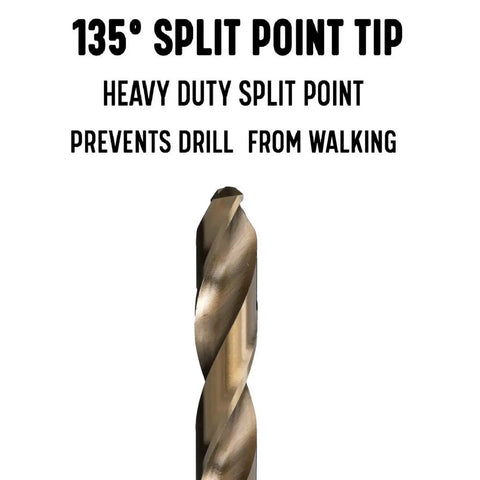 Close-up of 135° split point tip design of 60 Piece M35 Cobalt Drill Bit Set For Metalworking Tough As Nails Bits For Stainless Steel.