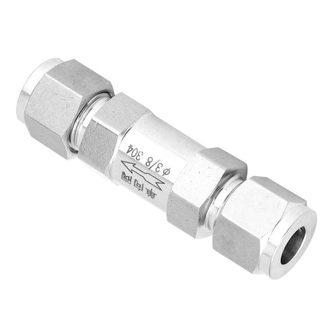 Stainless steel inline check valve with female BSPP threads and hex nut ends, 3/8 inch.