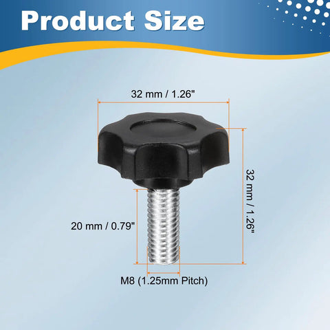 Solid Star Knob Handles M8 Metric Thread With Killer Grip For Quick Bench Setup And Woodworking Jigs Easy Hand Tightening Built Tough Clamping Screws Gear Upgrade Two Piece Set In Matte Black, showing size dimensions 32mm x 20mm.