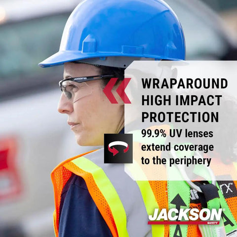Worker wearing SG Series Safety Glasses for Men and Women, Anti Scratch Lenses in Black Frame, ANSI Z87.1 Eye Protection