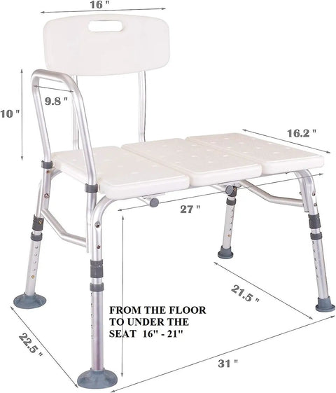 Tub Transfer Bench With Backrest Lightweight Medical Bath And Shower Chair Non Slip Seat Tool Free Assembly For Elderly And Disabled Adjustable Height White, dimensions labeled