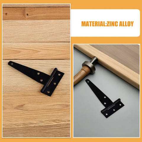 Eight-Piece Black Zinc Alloy T-Shaped Gate Hinges With Triangular Support for Wood and Metal Doors shown on wood board