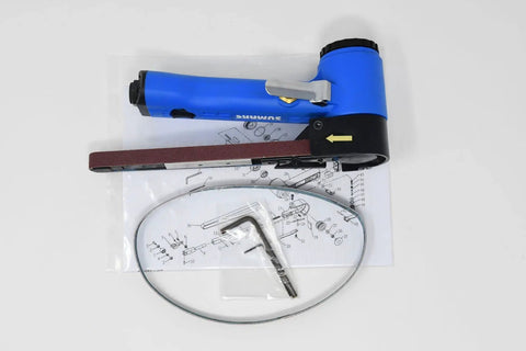 Air Pneumatic Belt Sander With 17,000 RPM Free Speed And Half Inch By Eighteen Inch Belt Includes 80 100 120 Sandpaper Built In Air Regulator For Easy Speed Control Quick Belt Change Beast Performance lying flat with manual and tool kit