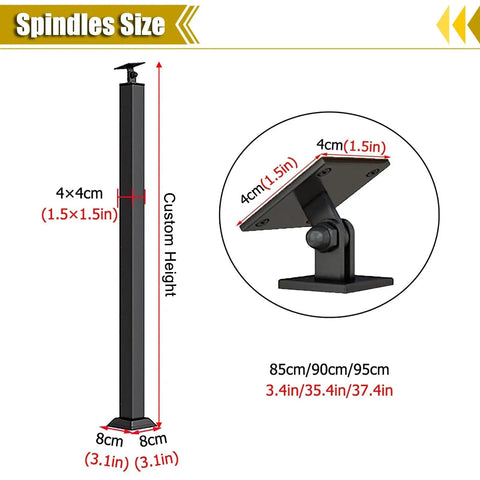 Tough As Nails Heavy Duty Wrought Iron Railing Spindles For Indoor Stairs And Decks size details, custom height options, black square posts.