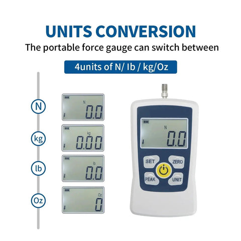 Push And Pull Force Tester Portable Dynamometer With High Precision Load Measurement For Compression And Tension, Multi Unit Display Newton Kilogram Pound And Ounce, Adjustable Acceleration Setting For Accurate Readouts 20N showing N, kg, lb, oz