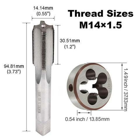 Premium M14 X 1.5 Metric Thread Tap And Die Set In High Speed Steel 6542, with dimensions and product details shown.