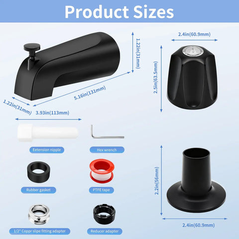 Product sizes of Matte Black 3 Knob Shower Tub Faucet Set With Diverter Spout showing dimensions and components included