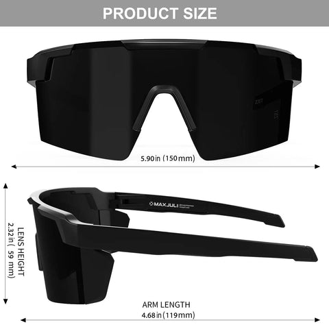 Sick Fit Sunglasses For Big Wide Heads Built With Bulky Tr90 Frames And Pitch Black Tints, 5.90in width, 2.32in height.