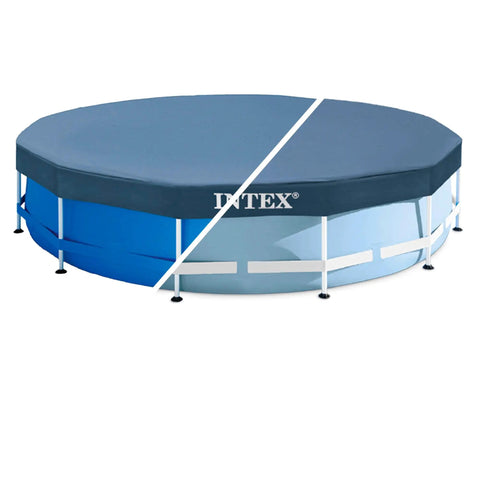 12 Foot X 10 Inch Round Pool Cover For Metal Frame Swimming Pools Heavy Duty Debris Shield on a blue pool with edge ties