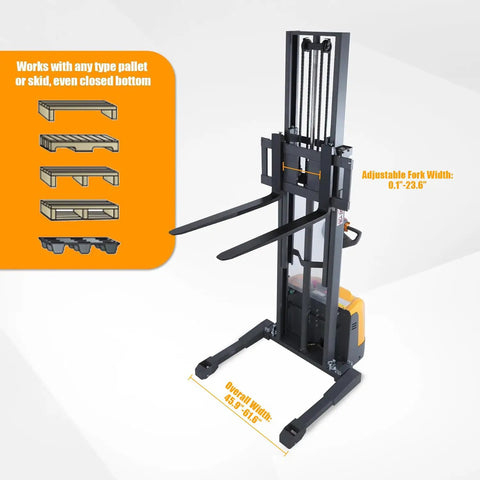 Heavy Duty Full Electric Stacker Delivering 3300 Lbs Capacity And 118 Inch Lift Height with adjustable forks for varied pallets.