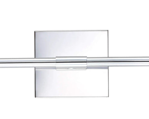 Close-up view of Chrome Modern Dimmable Integrated LED Wall Sconce 28 Inch No-Fuss Vanity Light, chrome backplate and bar.