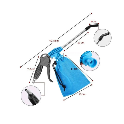 Badass Pneumatic Blower Vacuum for Shop Chores with metal tube, lightweight grip and sturdy collection bag, dimensions included.