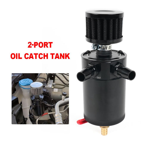 Universal Billet Aluminum Oil Catch Can Kit with 2 Port Breather Filter Reservoir and Oil Separator for tight spaces in car engine.