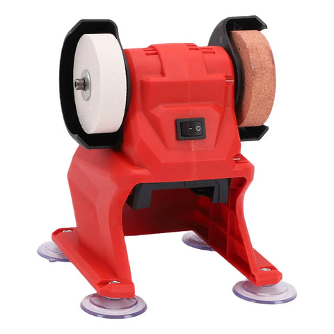 Heavy Duty Mini Bench Grinder With 3mm Steel Guard, featuring dual corundum wheels for grinding and polishing. Red base design.