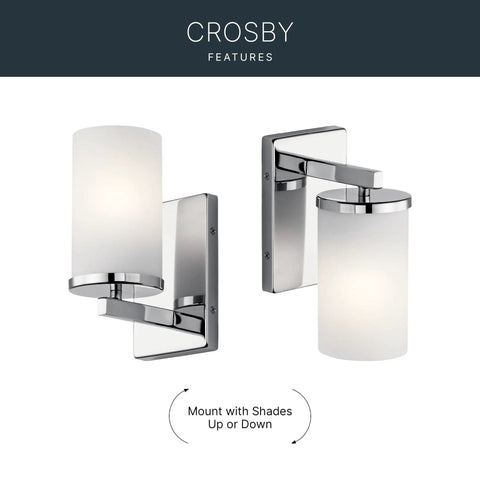 Crosby 9.25 Inch Chrome Wall Sconce With Satin Etched Cased Opal Glass 1 Light shown in up and down positions.