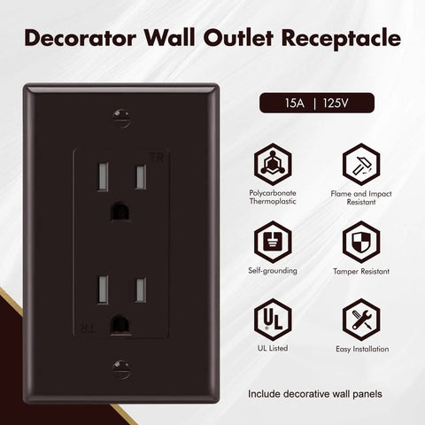 Brown Decorator Receptacle Outlet 15 Amp 125 Volt Tamper Resistant with Grounding and Wall Plate UL Listed 50 Pack