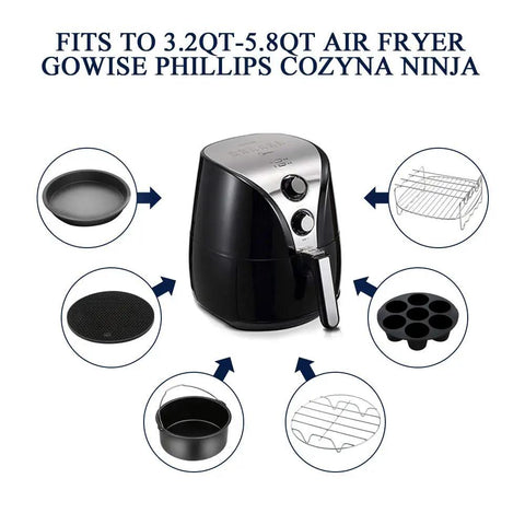Diagram of Must Have Ultimate Air Fryer Accessories Set For 3.7QT To 5.8QT Deep Fryers showing various parts and an air fryer
