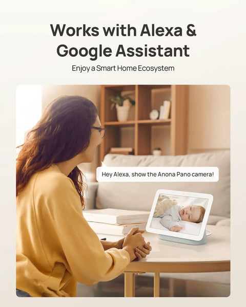 Woman viewing baby on screen using 4K UHD Indoor Security Camera For Pets And Baby With Phone App 360 Degree Pan Tilt Dual Band Wi Fi 6 Auto Tracking Person Pet Baby Crying Detection Privacy Mode Two Way Audio 2 Pack.