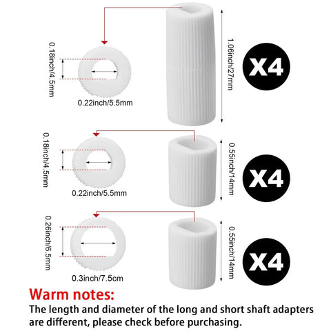 Image showing 4 Pack Control Knobs Replacement Kit With 12 Adapters For Oven Stove And Range Universal Fit For RV Camper Kitchens Easy Install Durable High Heat Knobs, highlighting adapter sizes and measurements.