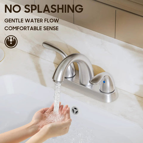 Brushed Nickel Centerset 4 Inch Bathroom Faucet for 2 or 3 holes, stainless steel, dual handle, copper pop up drain shown in use