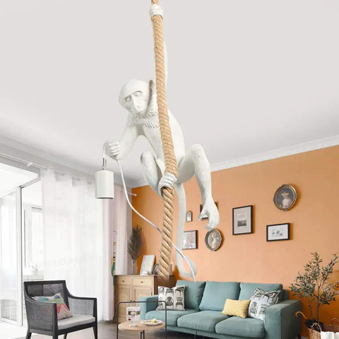 Monkey Pendant Light Fixture With Hemp Rope, Dope Vintage Loft Style Chandelier, hanging in modern living room over sofa