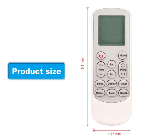 Top Shelf Mini Split Air Conditioner Remote Control Replacement with dimensions of 5.51 x 1.77 inches for easy use.