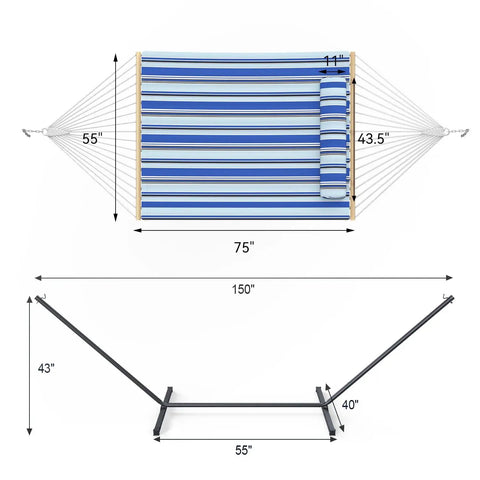 Two Person Outdoor Hammock With Stand For Lazy Summer Lounging, Cotton Rope Hammock With Removable Quilted Polyester Pad, Adjustable Steel Frame, Portable With Carrying Bag, Perfect For Patio Backyard Garden Beach, Blue, dimensions included