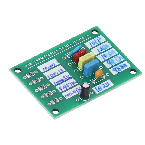 Calibration Reference Plate For Capacitance Testing And Multimeter Calibration with labeled resistors on green PCB board