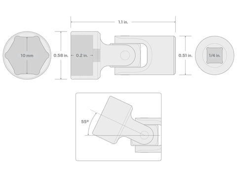 Technical drawing of Quarter Inch Drive 10 mm Shallow 6 Point Universal Joint Socket For Tight Spots with dimensions
