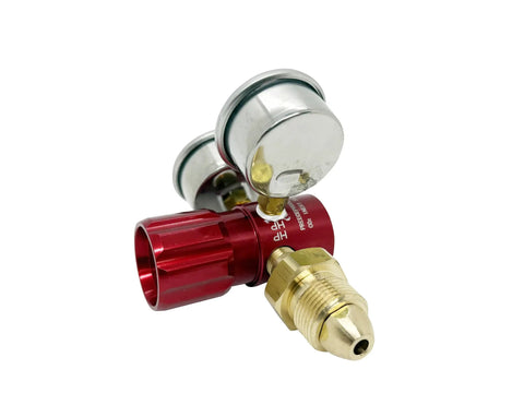 Red Anodized Aluminum Argon Regulator With 0 To 400 PSI Range High Flow 45 CFM Lightweight One Quarter Inch FNPT Outlet Dual Chrome Gauges